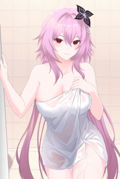 1girl absurdres black_flower breasts evernight_(honkai:_star_rail) flower hair_between_eyes hair_flower hair_ornament highres honkai:_star_rail honkai_(series) kyowauwu0707 large_breasts long_hair looking_at_viewer march_7th_(honkai:_star_rail) pink_hair red_eyes smile solo teeth