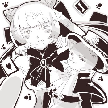 1boy 1girl cat_boy chaos_puss_in_boots_(grimms_notes) grimms_notes looking_at_viewer monochrome odai_0715 puss_in_boots_(grimms_notes) smile