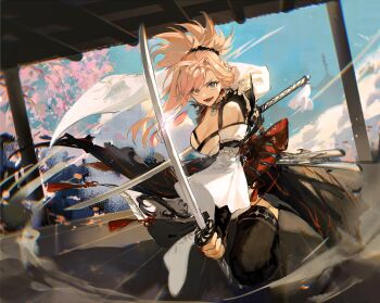 1girl absurdres black_thighhighs blonde_hair blue_eyes blue_sky breasts cleavage day de678997 dual_wielding earrings falling_petals fate/samurai_remnant fate_(series) fighting_stance highres holding holding_sword holding_weapon japanese_clothes jewelry katana kimono large_breasts long_hair looking_at_viewer magatama magatama_necklace miyamoto_musashi_(fate) miyamoto_musashi_(woman_of_niten_ichiryuu)_(fate) necklace on_one_knee open_mouth petals ponytail redrawn sky smile solo sword thighhighs tree weapon white_kimono