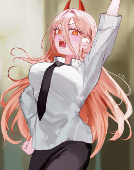 1girl absurdres arm_up black_necktie black_pants blonde_hair breasts chainsaw_man collared_shirt cross-shaped_pupils demon_girl demon_horns hair_between_eyes highres horns large_breasts long_hair long_hair_between_eyes mile_(off8mile) necktie pants power_(chainsaw_man) red_horns sharp_teeth shirt solo symbol-shaped_pupils teeth yellow_eyes