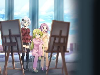 3girls alina_gray alina_gray_(hospital_gown) artist_request azusa_mifuyu biting biting_own_thumb black_dress black_flower black_thighhighs blue_eyes brown_eyes brown_footwear casual chair clenched_teeth curtains day dot_nose dress easel flower full_body game_cg gasp green_footwear green_hair grey_eyes hair_between_eyes hair_flower hair_horns hair_ornament hair_rings hand_on_own_chin hands_on_own_chest indoors jewelry knee_up lace lace-trimmed_shirt lace_trim light_blush light_rays long_hair long_sleeves magia_record:_mahou_shoujo_madoka_magica_gaiden mahou_shoujo_madoka_magica misono_karin misono_karin_(hospital_gown) multiple_girls off-shoulder_shirt off_shoulder official_art on_chair open_mouth pajamas pants pink_pajamas pink_pants pink_shirt pink_slippers puffy_long_sleeves puffy_sleeves purple_hair red_shirt ring rug shirt shoes short_dress short_hair single_hair_ring sitting slippers standing straight_hair sunlight surprised teeth thighhighs two_side_up white_hair window yellow_pajamas yellow_pants yellow_shirt
