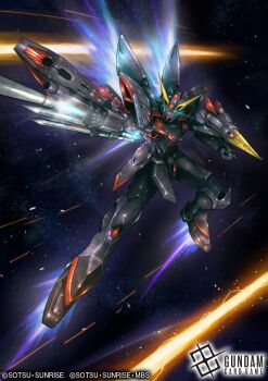 Rule 34 | aqua eyes, beam rifle, blitz gundam, copyright logo, copyright name, copyright notice, denjyou23, energy beam, energy gun, glowing, glowing eyes, gun, gundam, gundam card game, gundam seed, holding, holding gun, holding weapon, logo, mecha, mecha focus, missile, mobile suit, no humans, official art, robot, solo, space, thrusters, v-fin, weapon