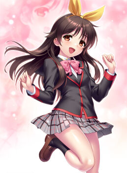 1boy black_jacket bow bowtie brown_eyes brown_hair collared_shirt commentary_request crossdressing crossdressing_(mtf) dress_shirt grey_skirt jacket little_busters! little_busters!_school_uniform long_hair looking_at_viewer naoe_riki pink_background pink_bow pink_bowtie plaid_clothes plaid_skirt pleated_skirt school_uniform shirt skirt smile solo standing standing_on_one_leg trap white_shirt zen_(kamuro)