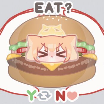 >_< 1girl :o animal_ears animated animated_gif blue_archive blunt_bangs blush burger cheese chibi closed_eyes closed_mouth english_text food grey_background halo heart holding holding_burger holding_food horuhara in_food lettuce lowres mari_(blue_archive) mini_person minigirl no_nose nose_blush orange_hair pov pov_hands simple_background solo_focus tearing_up tomato tomato_slice upper_body v-shaped_eyebrows yellow_halo
