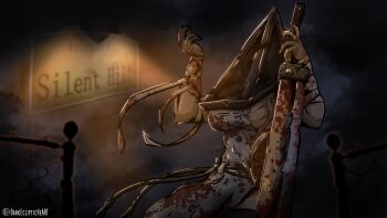 1girl absurdres blood blood_on_clothes bloody_weapon breasts darkeclipticheart genderswap great_knife halloween head helmet highres large_breasts monster object_head pyramid_(structure) pyramid_head silent_hill_(movie) silent_hill_(series) silent_hill_2 silent_hill_3 weapon