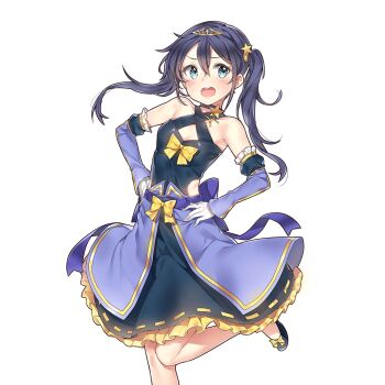 1girl aqua_eyes armpits bare_shoulders blue_choker blue_dress blue_hair blue_shoes choker criss-cross_halter detached_sleeves dress frilled_dress frills gloves gold_tiara hair_ornament halterneck long_hair open_mouth rena_(uchihime) shoes star_(symbol) star_choker star_hair_ornament twintails uchi_no_hime-sama_ga_ichiban_kawaii white_gloves