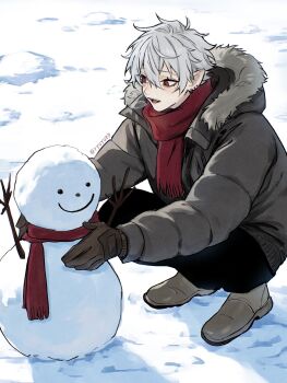 Rule 34 | 1boy, brown gloves, brown jacket, brown shoes, building snowman, down jacket, ear piercing, full body, fur-trimmed jacket, fur trim, gloves, hair between eyes, hashtag-only commentary, highres, jacket, kuzuha (5th costume) (nijisanji), kuzuha (nijisanji), looking at object, male focus, mole, mole under eye, nijisanji, open mouth, outdoors, piercing, pointy ears, red eyes, red scarf, ryuyuep, scarf, shoes, short hair, snow, snowman, solo, squatting, teeth, virtual youtuber, white hair