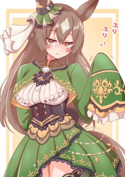 1girl animal_ears ascot blush blush_stickers bow braid breasts brown_ascot brown_eyes brown_hair closed_mouth commentary_request double-parted_bangs dress ear_ornament ear_ribbon frills green_dress green_jacket hair_between_eyes half_up_braid high-low_skirt highres horse_ears horse_girl horse_tail jacket jitome large_breasts long_hair long_sleeves looking_at_viewer mokichi3356 multicolored_hair satono_diamond_(natural_brilliance)_(umamusume) satono_diamond_(umamusume) seductive_smile sleeves_past_fingers sleeves_past_wrists smile solo streaked_hair tail thighhighs umamusume very_long_hair