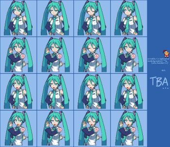 1girl artist_name artist_request bad_anatomy bare_shoulders blinking commentary domino's_pizza english_commentary green_eyes green_hair hands_on_own_hips hatsune_miku long_hair looking_at_viewer nail_polish open_mouth pixel_art shirt sleeveless sleeveless_shirt smile sprite sprite_art sprite_sheet vocaloid