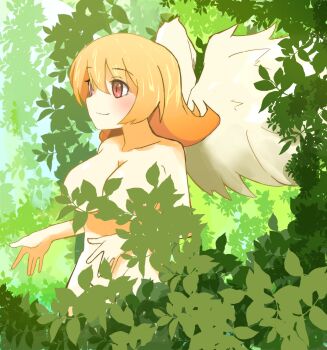 1girl absurdres artist_request bird_girl bird_wings blush breasts censored_nipples collarbone convenient_censoring highres ishuzoku_reviewers large_breasts leaf leaf_censor meidri nude orange_hair outdoors plant red_eyes smile solo standing wings