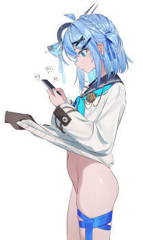 1girl 1other absurdres ahisha_(di_le_to) ahoge blue_eyes blue_hair blue_neckerchief blue_ribbon bottomless cardigan cardigan_lift closed_mouth clothes_lift collarbone commentary_request di_le_to expressionless from_side hair_ornament highres holding holding_phone leg_ribbon lifting_another's_clothes looking_at_phone mole mole_under_eye neckerchief no_pants original phone ribbon school_uniform serafuku short_hair simple_background skindentation solo thigh_ribbon thigh_strap white_background white_cardigan