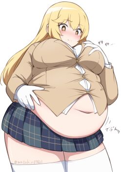 1girl absurdres belly blonde_hair blush breasts brown_eyes button_gap fat fat_cow fat_woman gloves hand_on_own_chest highres large_breasts long_hair masakin midriff navel school_uniform shokuhou_misaki skirt smile solo sparkling_eyes standing thighhighs tight_clothes toaru_kagaku_no_mental_out toaru_kagaku_no_railgun toaru_majutsu_no_index white_background white_gloves white_thighhighs