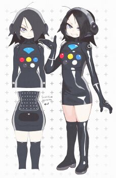 1girl arrow_(symbol) ass black_boots black_dress black_gloves black_hair boots chest_jewel commentary dress english_commentary frown full_body gloves grey_eyes grin hand_up handheld_game_console headphones highres inkerton-kun long_sleeves looking_at_viewer loose_hair_strand medium_hair original pale_skin pencil_dress personification playstation_vita push-button red_button ringed_eyes short_dress smile solo_focus sony standing thigh_boots thighhighs v-shaped_eyes zettai_ryouiki