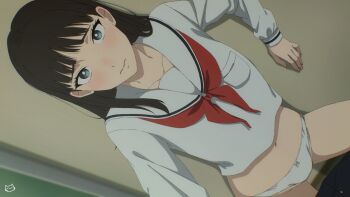 1girl against_wall artist_logo black_hair blunt_bangs blush bow bow_panties bright_pupils commentary dutch_angle english_commentary grey_eyes highres keihh logo long_hair long_sleeves looking_at_viewer midriff navel neckerchief paid_reward_available panties red_neckerchief school_uniform shirt standing underwear white_panties white_pupils white_shirt yano-kun_no_futsuu_no_hibi yoshida_kiyoko