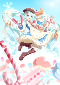 Rule 34 | 1girl, absurdres, animal, aonouta, apron, aqua eyes, aqua hair, asymmetrical legwear, blue bow, blue dress, blue sleeves, blurry, blurry background, blush, boots, bow, bowtie, bread, brown boots, brown hat, cake, cake slice, character-themed food, commentary, dessert, detached sleeves, dress, dress bow, english commentary, food, food-themed clothes, food-themed hat ornament, fortissimo, frilled apron, frills, fruit, full body, fur-trimmed dress, fur-trimmed sleeves, fur trim, hair between eyes, hair ornament, hat, hat ornament, hatsune miku, highres, holding, holding plate, holding tongs, knee boots, long hair, long sleeves, looking at viewer, mismatched legwear, musical note, musical note hair ornament, necktie, official alternate costume, official alternate hairstyle, open mouth, pantyhose, pink necktie, plate, puffy sleeves, rabbit yukine, smile, snowflake print, striped clothes, striped pantyhose, tongs, tray, twintails, two-tone sleeves, very long hair, vocaloid, wavy hair, white apron, yuki miku, yuki miku (2026)