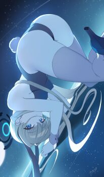 1girl absurdres alternate_costume animal_ears ass black_halo black_leotard blue_archive blue_eyes blue_theme breasts brown_hair closed_mouth commentary_request fake_animal_ears fake_tail grey_thighhighs halo high_heels highres leotard long_hair looking_at_viewer may9 playboy_bunny rabbit_ears rabbit_tail signature small_breasts solo tail thighhighs thighs toki_(blue_archive) toki_(bunny)_(blue_archive) wrist_cuffs