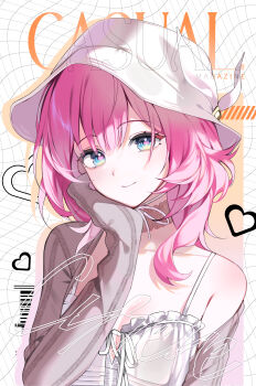 1girl absurdres alternate_costume blue_eyes breasts cover cyrene_(aedes_elysiae)_(honkai:_star_rail) cyrene_(honkai:_star_rail) dress fake_magazine_cover grey_sweater hashtag-only_commentary hat heart highres honkai:_star_rail honkai_(series) looking_at_viewer magazine_cover medium_hair nod2_u pink_hair small_breasts smile solo sweater white_dress white_hat