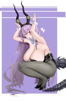 1girl absurdres animal_ears arknights bare_shoulders bigyann176 black_hairband black_horns black_leotard black_pantyhose blush breasts cleavage detached_collar hairband highres horns huge_breasts leotard long_hair looking_at_viewer pantyhose pink_eyes playboy_bunny purple_hair rabbit_ears sagging_breasts simple_background solo strapless strapless_leotard tail typhon_(arknights) very_long_hair wrist_cuffs