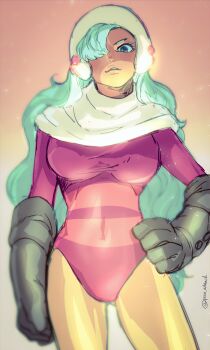 Rule 34 | 1girl, bazaraga no shujii, blue hair, charlotte smoothie, commentary request, cowboy shot, gloves, gradient background, grey gloves, hair over one eye, hand on own hip, hat, highres, leotard, long hair, long sleeves, one piece, orange background, pink leotard, scarf, short eyebrows, solo, twitter username, white hat, white scarf