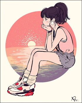 1girl blunt_bangs blush bracelet circle closed_mouth earrings full_body head_rest invisible_chair jewelry noaki orange_nails original ponytail profile shoes shorts signature sitting sleeveless sneakers socks solo sunset suspenders