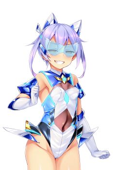 1girl bare_shoulders blue-tinted_eyewear breasts brown_eyes chest_jewel covered_erect_nipples covered_navel cowboy_shot elbow_gloves fujii_natsumi_(ysphere) game_cg gloves grin headgear highleg highleg_leotard humanization large_variant_set leotard looking_at_viewer magical_girl non-web_source official_art personification purple_hair satou_kuuki short_hair simple_background skin_tight small_breasts smile solo soukou_seiki_ysphere standing teeth thighhighs tinted_eyewear transparent_background twintails variant_set white_background white_gloves white_leotard ys_aqua