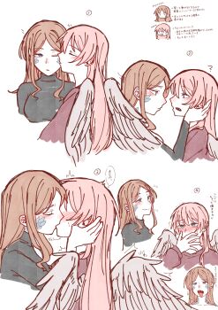 2girls absurdres bang_dream! bang_dream!_it&#039;s_mygo!!!!! black_shirt blush chihaya_anon closed_eyes closed_mouth commentary_request fang feathered_wings hand_on_another&#039;s_face highres kiss long_hair monsterification multiple_girls nagasaki_soyo open_mouth pink_hair red_shirt scales shibadooog shirt simple_background smile translation_request white_background wings yuri