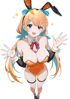 .live 1girl :d alternate_costume animal_ear_hairband animal_ears bare_shoulders black_hairband black_shoes black_sleeves blue_eyes blue_hair blue_ribbon breasts colored_inner_hair commentary_request covered_navel detached_collar detached_sleeves fake_animal_ears fishnet_pantyhose fishnets from_above full_body hair_ornament hair_ribbon hairband hairpin hands_up heart heart_necklace highres jewelry large_breasts leotard long_hair looking_at_viewer low_twintails multicolored_hair nanahoshi_milily neck_ribbon necklace open_hands open_mouth orange_hair orange_leotard pantyhose playboy_bunny rabbit_ear_hairband rabbit_ears red_ribbon ribbon shoes simple_background sleeve_cuffs smile solo star_(symbol) teeth thigh_strap twintails two-tone_hair upper_teeth_only very_long_hair virtual_youtuber white_background yagurenraku