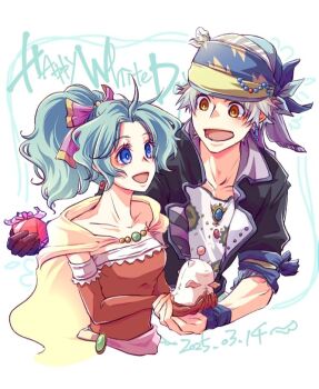 1boy 1girl arm_around_shoulder arm_up ayana_(iqaw5cfohvdtver) black_jacket blue_eyes blue_ribbon breasts brown_eyes cape couple cropped_torso dated dress elbow_gloves final_fantasy final_fantasy_vi gift gloves green_hair grey_hair hair_ribbon headscarf hetero holding holding_gift jacket locke_cole long_hair looking_at_another medium_breasts moogle open_mouth parted_bangs pink_ribbon ponytail red_dress red_gloves ribbon shirt short_hair smile stuffed_animal stuffed_toy tina_branford upper_body white_background white_day white_shirt yellow_cape