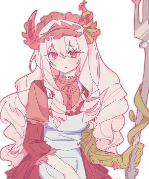 1girl apron bad_id bad_twitter_id bonnet dearmyken dress drill_hair fork highres holding holding_fork horns humanization looking_at_viewer oversized_object parted_lips phighting! pink_bonnet pink_dress pink_eyes pink_horns pink_ribbon plant ribbon roblox shirt smile solo vines vinestaff_(phighting!) white_apron white_background white_hair white_shirt