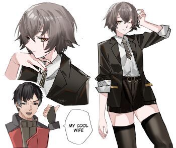 1boy 1girl absurdres beard belt black_hair black_jacket black_necktie black_shorts black_thighhighs blue_eyes collared_shirt commander_(girls&#039;_frontline) commentary cropped_torso double-parted_bangs dress_shirt english_commentary english_text facial_hair girls&#039;_frontline girls&#039;_frontline_2:_exilium grey_hair hair_between_eyes highres jacket leva_(girls&#039;_frontline_2) multiple_views necktie official_alternate_costume official_alternate_hairstyle open_clothes open_jacket pointing_with_thumb red_jacket scar scar_across_eye scar_on_face shirt short_hair short_necktie shorts sidelocks signature simple_background sleeves_rolled_up smile speech_bubble standing thighhighs ump45_(girls&#039;_frontline) white_background white_shirt yazu_(zoddiacz) yellow_eyes