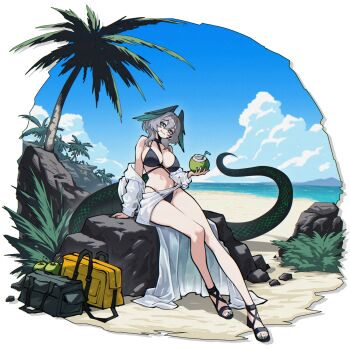 1girl alternate_costume aqua_eyes arknights beach between_breasts bikini black_bikini blue_sky breasts closed_mouth dryegen feathered_wings food fruit grey_hair hair_between_eyes head_wings highres ho'olheyak_(arknights) holding holding_food holding_fruit long_tail looking_at_viewer sarong sitting sky smile snake_tail solo strap_between_breasts swimsuit tail water white_sarong wide_shot wings