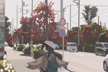 1girl absurdres backpack bag beret black_bag black_eyes black_hair blunt_ends braid brown_sweater building car day from_behind hat highres japan kyora_san long_sleeves looking_at_viewer looking_back motor_vehicle open_mouth original outdoors outstretched_arms power_lines road road_sign scenery sidelocks sign sky solid_oval_eyes solo speed_limit_sign street sweater traffic_mirror transformer tree twin_braids upper_body utility_pole