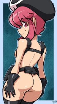 1girl ass belt belt_pouch bigdead black_gloves black_thighhighs breasts chest_harness commentary doutonbori_robo english_commentary gloves harness hat highres holster jakuzure_nonon kill_la_kill looking_at_viewer looking_back medium_breasts naked_belt nudist_beach_uniform pink_eyes pink_hair pouch shiny_skin short_hair shoulder_holster sideboob sidelocks skull_print smile solo thighhighs utility_belt
