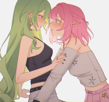 2girls alternate_costume alternate_hair_length alternate_hairstyle belt black_belt black_nails black_tank_top blue_eyes breasts commentary earrings elf elysia_(honkai_impact) english_commentary green_hair grey_background grey_shirt grey_skirt highres honkai_(series) honkai_impact_3rd imminent_kiss jewelry long_hair medium_breasts mobius_(honkai_impact) multiple_girls pink_hair pink_skirt pointy_ears rena_(rrena) shirt short_hair simple_background skirt tank_top very_long_hair yuri