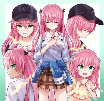 1girl :d aikawa_megumi baseball_cap black_ribbon blue_jacket breasts brown_skirt child closed_eyes closed_mouth clothes_around_waist collared_shirt cowboy_shot crying electricity english_text frown green_eyes hair_between_eyes hair_bobbles hair_ornament hair_over_eyes hair_ribbon hand_on_own_chest happy_birthday hat heaven_burns_red highres jacket jacket_around_waist long_hair looking_at_viewer multiple_views neck_ribbon open_mouth pink_hair plaid_clothes plaid_skirt pleated_skirt red_ribbon ribbon rrtp school_uniform shirt skirt smile tears teeth two_side_up white_shirt