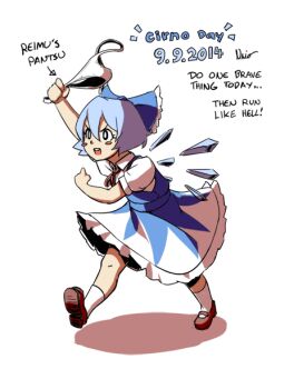 1girl animated animated_gif arm_up arrow_(symbol) artist_name blue_bow blue_dress blue_hair blush_stickers bow breasts brown_shoes cirno clenched_hands commentary dated dress english_commentary english_text female_focus full_body hair_bow hair_ornament holding holding_panties holding_underwear holding_unworn_clothes ice ice_wings kneehighs loafers neck_ribbon nsio open_mouth panties petticoat pinafore_dress puffy_short_sleeves puffy_sleeves red_ribbon ribbon romaji_text running shadow shirt shoes short_hair short_sleeves signature simple_background sleeveless sleeveless_dress small_breasts socks solo touhou underwear v-shaped_eyebrows white_background white_eyes white_panties white_shirt white_socks wing_collar wings