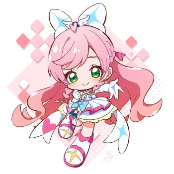 1girl ahoge arm_bow artist_name ascot bare_shoulders blue_bow boots bow braid brooch chibi chibi_only clenched_hand closed_mouth commentary cure_prism dress dress_bow earrings elbow_gloves frilled_dress frills full_body gloves green_eyes hair_bow hair_ornament half_up_braid halter_dress halterneck hand_up heart heart_ahoge highres hirogaru_sky!_precure jewelry leg_up long_hair looking_at_viewer magical_girl medium_dress minogi1029 nijigaoka_mashiro no_nose outstretched_arm outstretched_hand pink_background pink_hair precure reaching reaching_towards_viewer side_braids signature single_earring sleeveless sleeveless_dress smile solo sphere_earrings swept_bangs two-tone_background white_ascot white_background white_boots white_bow white_dress white_gloves wing_brooch wing_hair_ornament