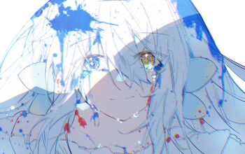 1girl artist_self-insert blood blood_in_hair blood_on_face blue_blood blue_eyes chromatic_aberration close-up closed_mouth collarbone eyelashes heterochromia highres long_hair original portrait simple_background smile solo sunfish3939 tears white_background white_hair yellow_eyes