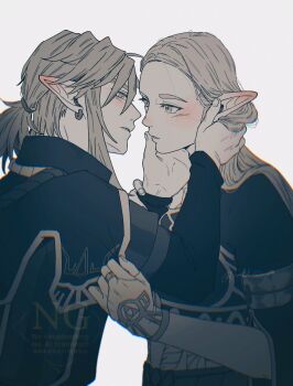 1boy 1girl absurdres blush bridal_gauntlets couple ear_blush earrings hair_between_eyes hair_tie hand_in_another's_hair hand_on_another's_cheek hand_on_another's_face hashtag-only_commentary hetero highres imminent_kiss jewelry layered_sleeves link long_hair looking_at_another low_ponytail medium_hair nintendo official_alternate_costume parted_lips pointy_ears ponytail princess_zelda royal_guard_set_(zelda) the_legend_of_zelda the_legend_of_zelda:_breath_of_the_wild white_background yuki_sasame00