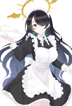 1girl alternate_costume apron black_dress black_hair blue_archive breasts commentary_request cross cross_earrings dress earrings enmaided hair_over_one_eye halo highres hinata_(blue_archive) holding holding_tray jewelry large_breasts long_hair maid maid_apron maid_headdress red_eyes teina tray white_background yellow_halo