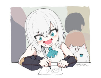 Rule 34 | 1girl, aqua ascot, ars almal, ars almal (1st costume), ascot, bare shoulders, black sleeves, blue ascot, blue eyes, blush, breasts, cat, debu-chan (ars almal), detached sleeves, grey background, hair between eyes, holding, long sleeves, meme, nijisanji, open mouth, parody, see-through clothes, see-through sleeves, shirt, simple background, sleeveless, sleeveless shirt, solo, tatami kami, upper body, v-shaped eyebrows, virtual youtuber, white hair, white shirt