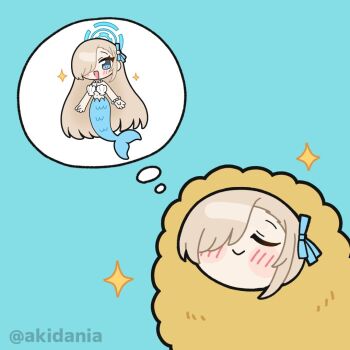 1girl artist_name asuna_(blue_archive) asymmetrical_bangs bare_shoulders bikini blonde_hair blue_archive blue_background blue_eyes blue_halo blue_ribbon blue_tail blush bracelet breasts cleavage closed_eyes commentary_request deformed fins food food_costume hair_over_one_eye halo jewelry kitaru long_hair long_sidelocks looking_at_viewer medium_breasts merfolk mermaid monster_girl monsterification multiple_views navel necklace pearl_bracelet pearl_necklace ribbon scales shell shell_bikini shrimp shrimp_tempura sidelocks simple_background smile sparkle speech_bubble swimsuit tempura tempura_costume thought_bubble twitter_username