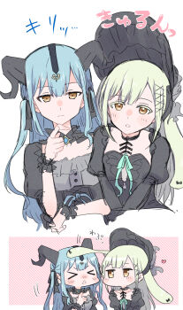 Rule 34 | > <, 2girls, animal ears, arknights, bang dream!, bang dream! it's mygo!!!!!, black bonnet, black dress, black ribbon, blue hair, blush, bonnet, commentary request, dress, green hair, hair ribbon, highres, horns, long hair, multiple girls, nago (hasakimati), open mouth, rabbit ears, rabbit girl, ribbon, sidelocks, simple background, togawa sakiko, togawa sakiko (master of melodia), triangle mouth, wakaba mutsumi, wakaba mutsumi (marionette's id), white background
