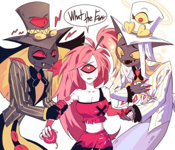 Rule 34 | 1girl, 2boys, blush, breasts, cherri bomb, cleavage, colored sclera, commentary request, dual persona, english text, goggles, goggles on headwear, grey hat, grey jacket, hat, hazbin hotel, hellaverse, highres, holding hands, jacket, korean commentary, lamia boy, large breasts, long hair, monster boy, multiple boys, one-eyed, pink eyes, pink hair, pink sclera, qp mellang, red sclera, red shirt, shirt, simple background, sir pentious, sir pentious (angel), top hat, white hair, white jacket