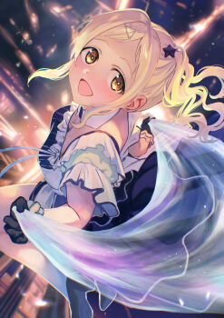 1girl :d black_gloves blonde_hair blue_dress blue_shoes blurry blurry_background blush bright_pupils brown_eyes cityscape commentary dark dress from_above gloves hair_ornament high_heels highres holding_veil idolmaster idolmaster_shiny_colors long_hair looking_at_viewer mixed-language_commentary open_mouth otsudou outdoors sakuragi_mano see-through_clothes shoes short_sleeves smile solo star_(symbol) star_hair_ornament tareme triangle_hair_ornament veil white_dress