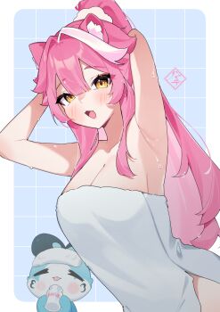 1girl :d absurdres animal_ears armpits arms_up blush border breasts center-flap_bangs chattino_(raora_panthera) cleavage commentary double-parted_bangs hayate_fish highres hololive hololive_english large_breasts long_hair looking_at_viewer multicolored_hair naked_towel open_mouth panther_ears panther_girl panther_tail pink_hair ponytail raora_panthera sidelocks smile solo streaked_hair symbol-only_commentary tail towel towel_on_head very_long_hair virtual_youtuber wet white_border white_streaks yellow_eyes