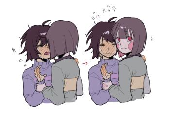 2others ahoge animification arrow_(symbol) blunt_ends blush brown_hair chara_(undertale) closed_eyes closed_mouth colored_inner_hair colored_skin commentary_request empty_eyes flying_sweatdrops frisk_(undertale) full-face_blush green_sweater hair_between_eyes hand_on_another&#039;s_shoulder hand_up holding_another&#039;s_wrist korean_commentary long_sleeves looking_at_viewer multicolored_hair multiple_others nervous open_mouth other_focus other_with_other pale_skin puffy_long_sleeves puffy_sleeves purple_sweater red_eyes red_hair short_hair simple_background single_stripe smile striped_clothes striped_sweater sweat sweater turtleneck turtleneck_sweater undertale upper_body utdr_(toby_fox) white_background yellow_skin yx_won2