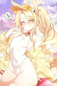 1girl animal_ears bare_shoulders bird blonde_hair blue_archive breasts collarbone commentary_request covered_navel forehead fox_ears fox_girl halo highres jacket long_hair looking_at_viewer official_alternate_costume official_alternate_hairstyle one-piece_swimsuit pink_eyes seia_(blue_archive) seia_(swimsuit)_(blue_archive) sleeves_past_wrists small_breasts solo speech_bubble sunglasses swimsuit todalbok106 translation_request very_long_hair visor_cap white_one-piece_swimsuit yellow_halo yellow_jacket