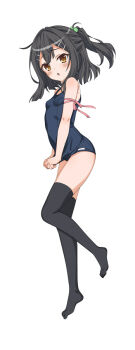 1girl bare_shoulders black_hair black_thighhighs blue_one-piece_swimsuit blush breasts brown_eyes fate/kaleid_liner_prisma_illya fate_(series) full_body fuu_(koneko_no_yomeiri) hair_ornament hairclip half_updo looking_at_viewer medium_hair miyu_edelfelt old_school_swimsuit one-piece_swimsuit petite school_swimsuit school_swimsuit_flap small_breasts solo swimsuit thighhighs