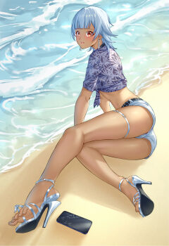 1girl absurdres barefoot beach brown_eyes cellphone dark-skinned_female dark_skin feet highres hitpig light_blush looking_at_viewer medium_hair mole mole_under_eye open_mouth original phone sandals shorts smartphone soles toes